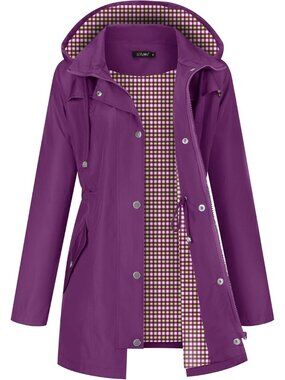 Women's Purple Hooded Plaid Lined Hiking Waterproof Windbreaker Trench Coat